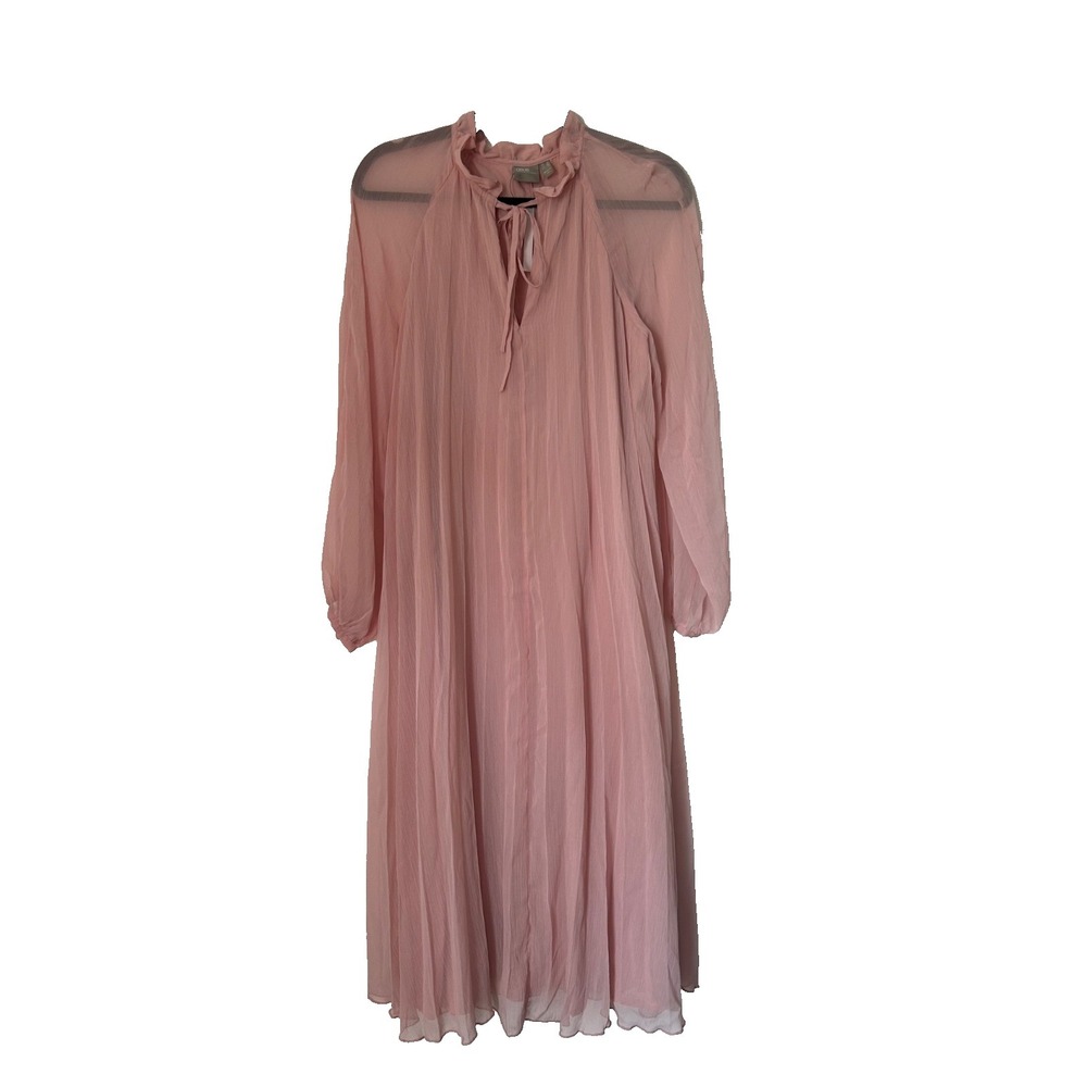 Asos Dress Size 6 Sheer Light Pink Lined Pleated Long Sleeve Tie Neck Midi